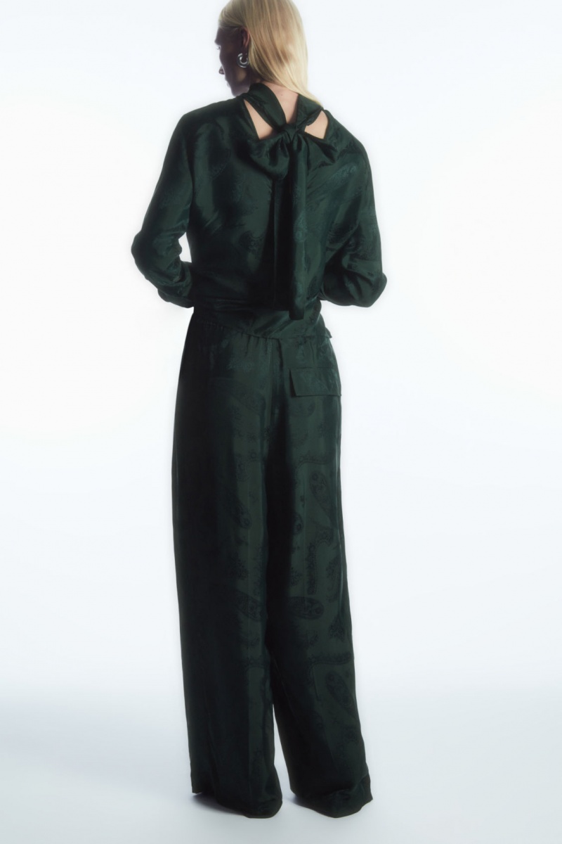 Women's COS Wide-Leg Paisley-Jacquard Pants Dark Green NZ-95QKGLRVC