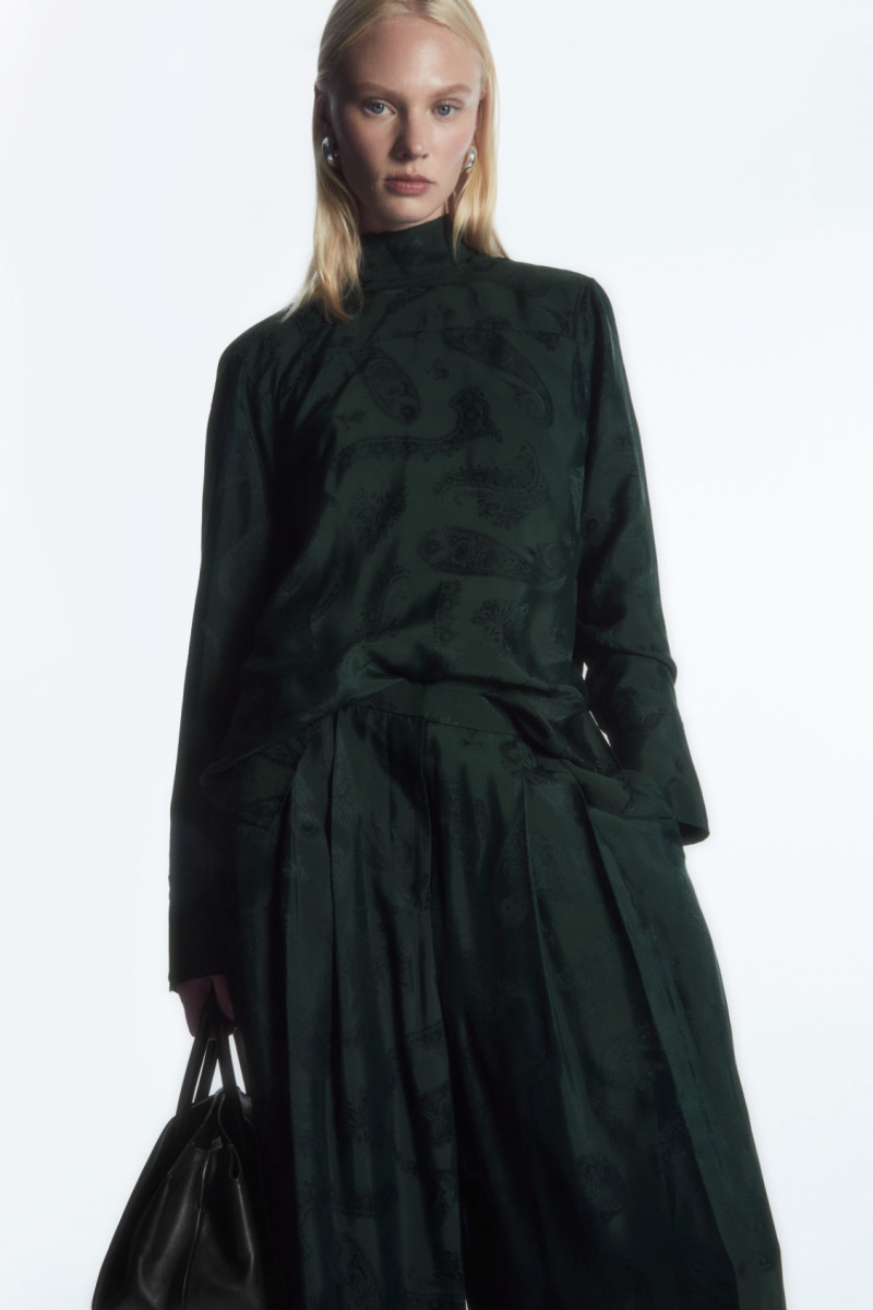 Women's COS Wide-Leg Paisley-Jacquard Pants Dark Green NZ-95QKGLRVC