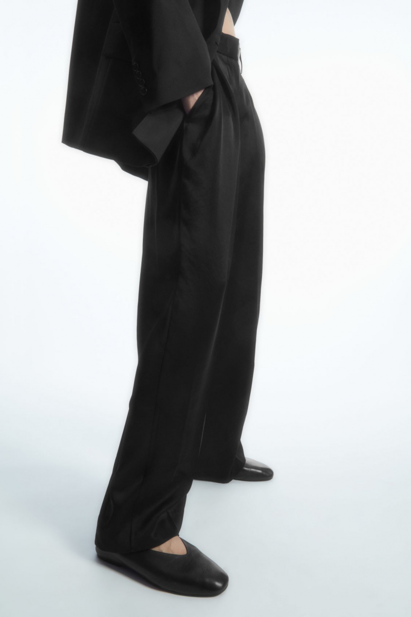 Women's COS Wide-Leg Pleated Satin Pants Black NZ-47UCOPHRX
