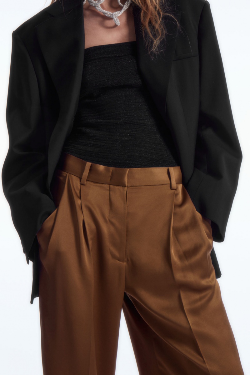 Women's COS Wide-Leg Pleated Satin Pants Brown NZ-61UJIBNAY