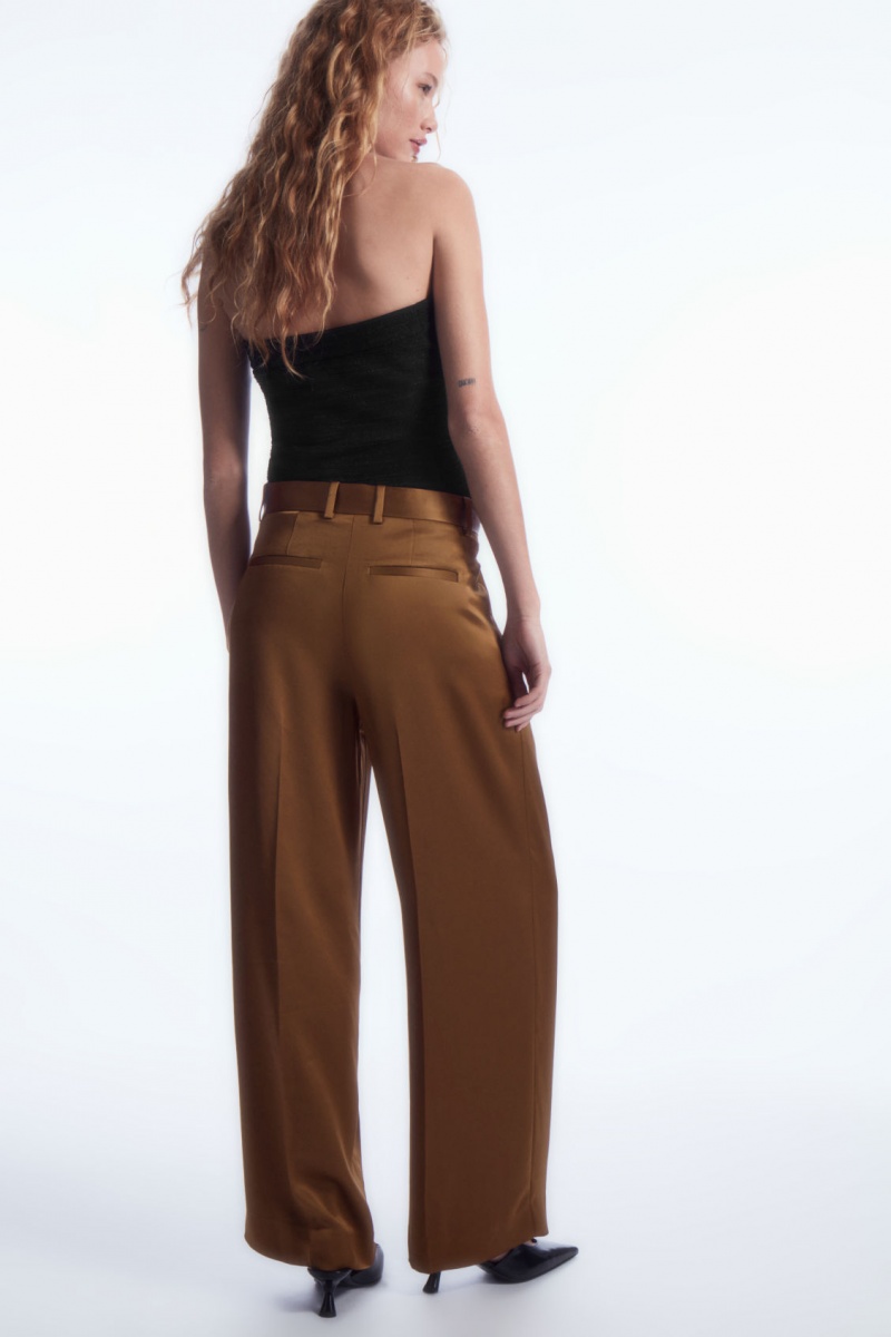 Women's COS Wide-Leg Pleated Satin Pants Brown NZ-61UJIBNAY