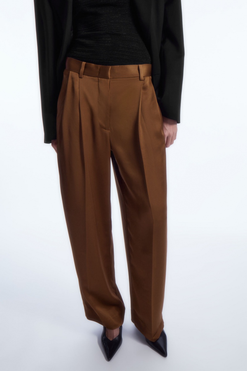 Women's COS Wide-Leg Pleated Satin Pants Brown NZ-61UJIBNAY