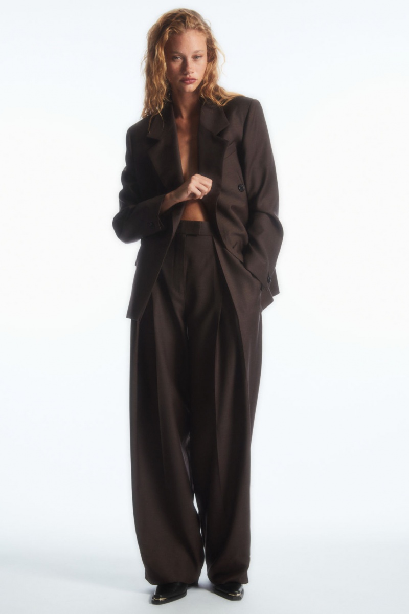 Women's COS Wide-Leg Pleated Wool Pants Dark Brown NZ-65YHVQOPS