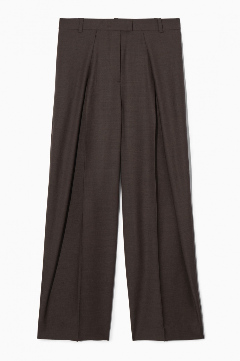 Women's COS Wide-Leg Pleated Wool Pants Dark Brown NZ-65YHVQOPS