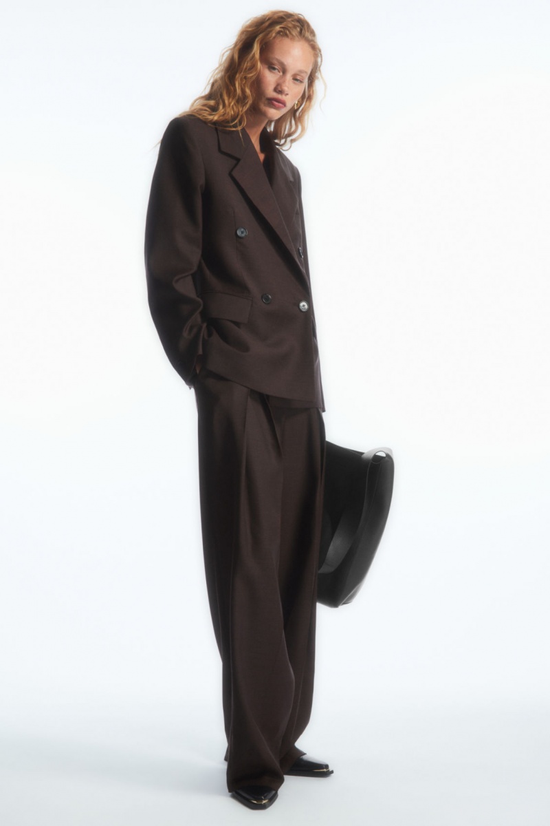 Women\'s COS Wide-Leg Pleated Wool Pants Dark Brown NZ-65YHVQOPS