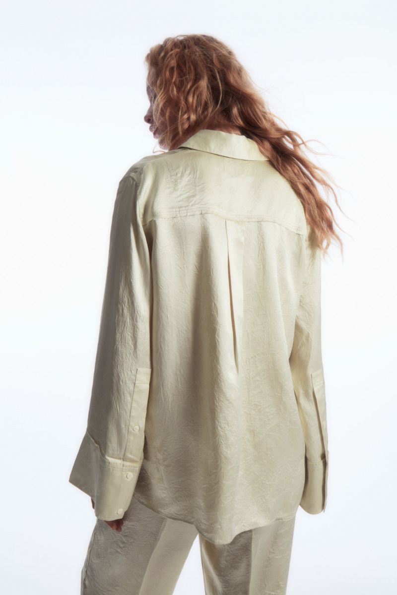 Women's COS Wide-Sleeve Crinkled-Satin Shirts Cream NZ-46RZVSKWQ