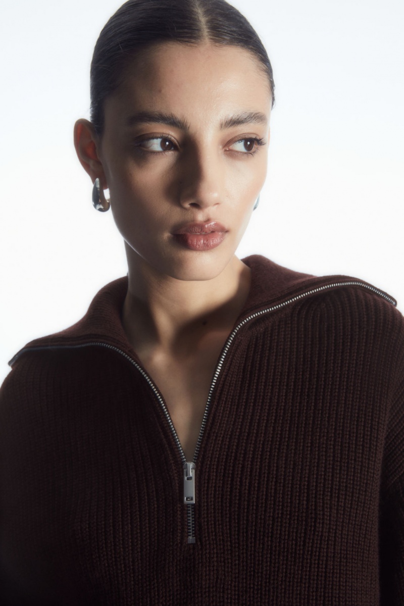 Women's COS Wool And Cotton Half-Zip Sweaters Dark Brown NZ-45WECNZLP