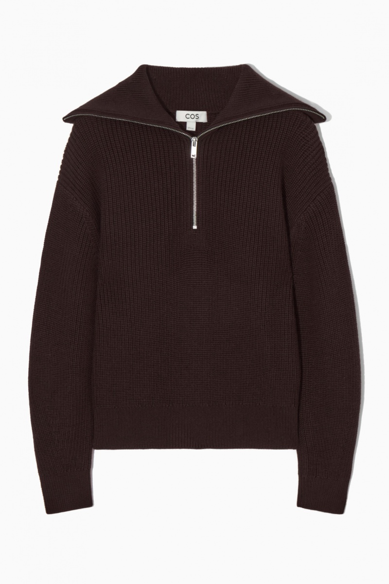 Women's COS Wool And Cotton Half-Zip Sweaters Dark Brown NZ-45WECNZLP
