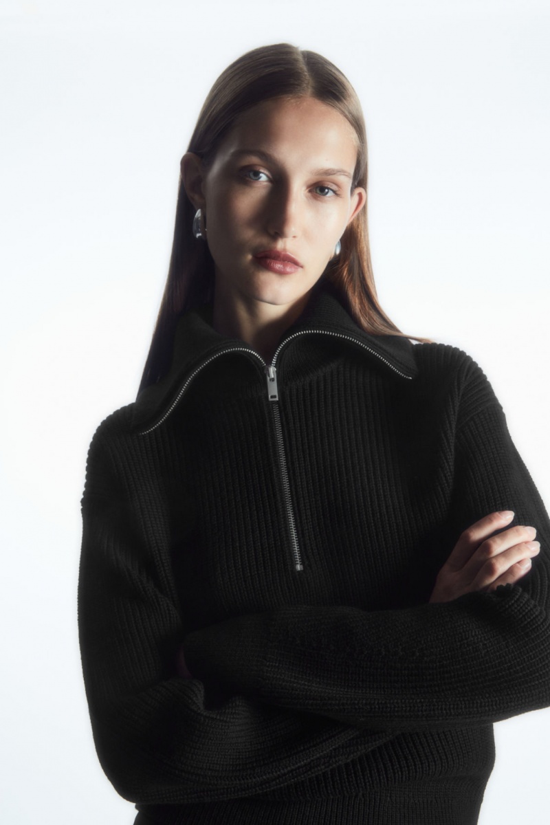 Women\'s COS Wool And Cotton Half-Zip Sweaters Black NZ-04APSXCIF