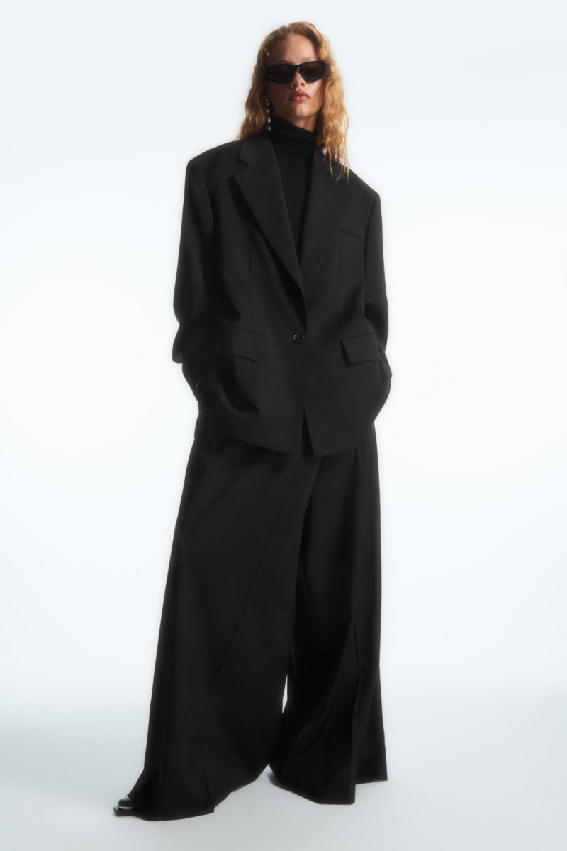 Women's COS Wrap-Front Wide-Leg Wool Pants Black NZ-64FZBUMCT