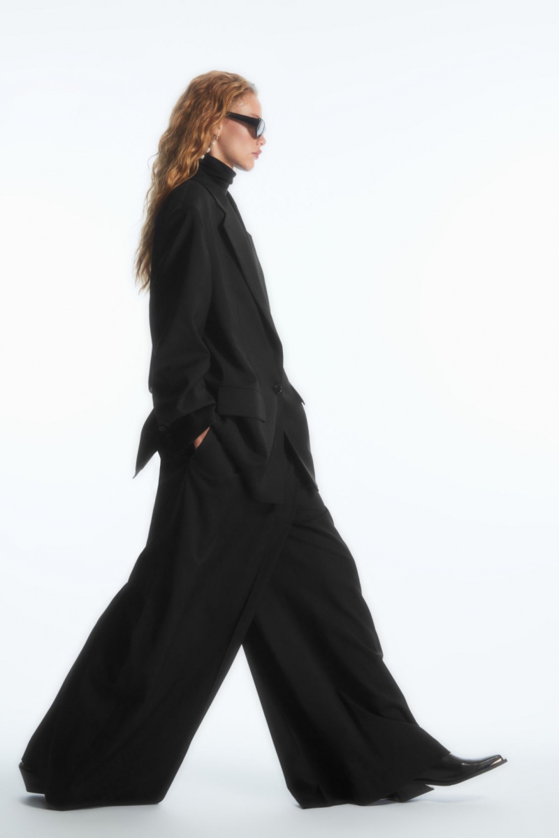 Women's COS Wrap-Front Wide-Leg Wool Pants Black NZ-64FZBUMCT