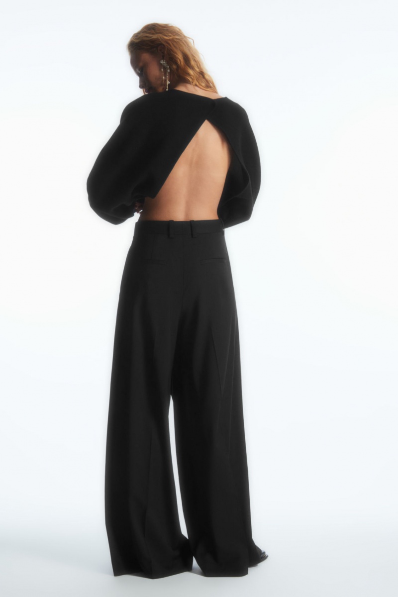 Women's COS Wrap-Front Wide-Leg Wool Pants Black NZ-64FZBUMCT