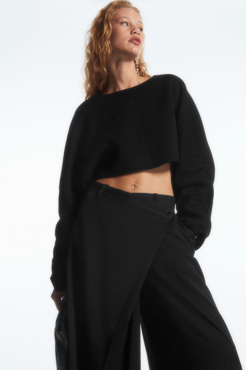 Women's COS Wrap-Front Wide-Leg Wool Pants Black NZ-64FZBUMCT