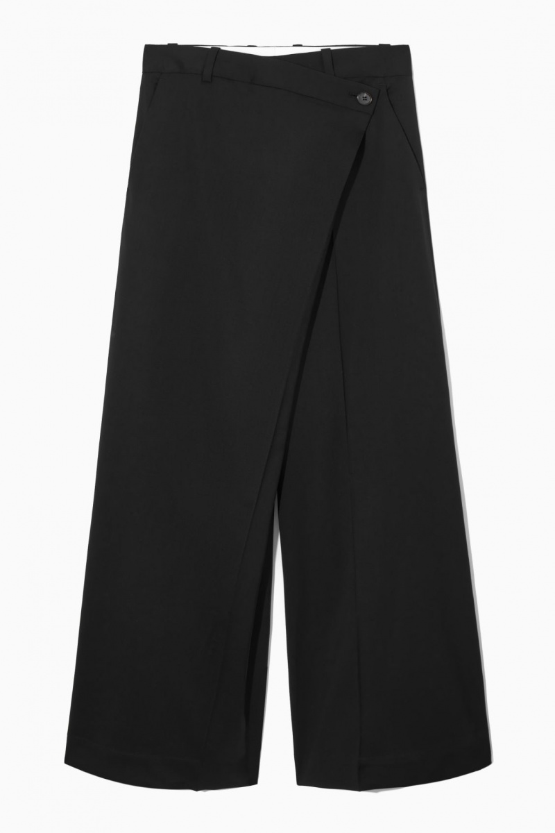 Women's COS Wrap-Front Wide-Leg Wool Pants Black NZ-64FZBUMCT