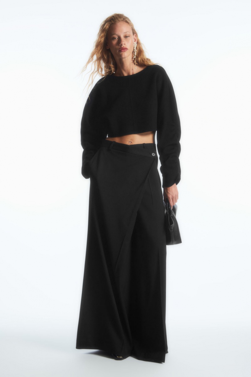 Women\'s COS Wrap-Front Wide-Leg Wool Pants Black NZ-64FZBUMCT