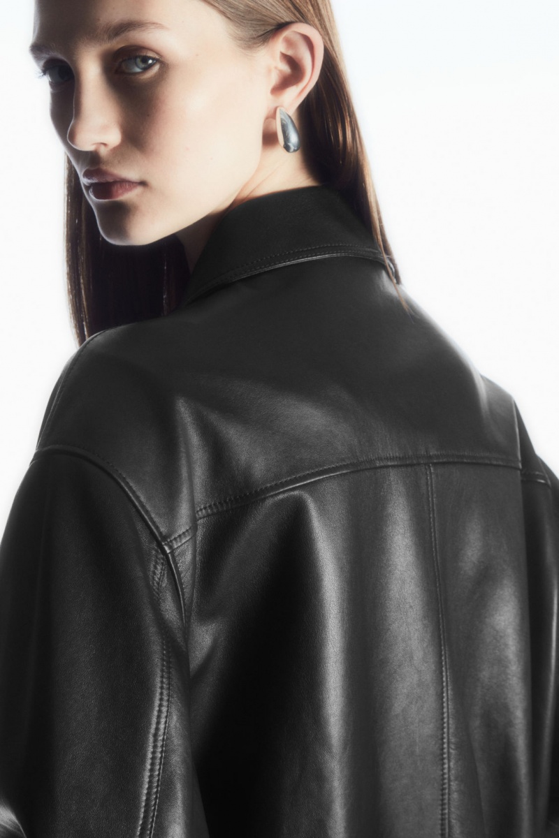 Women's COS Zip-Up Leather Jackets Black NZ-73WDUKIGC