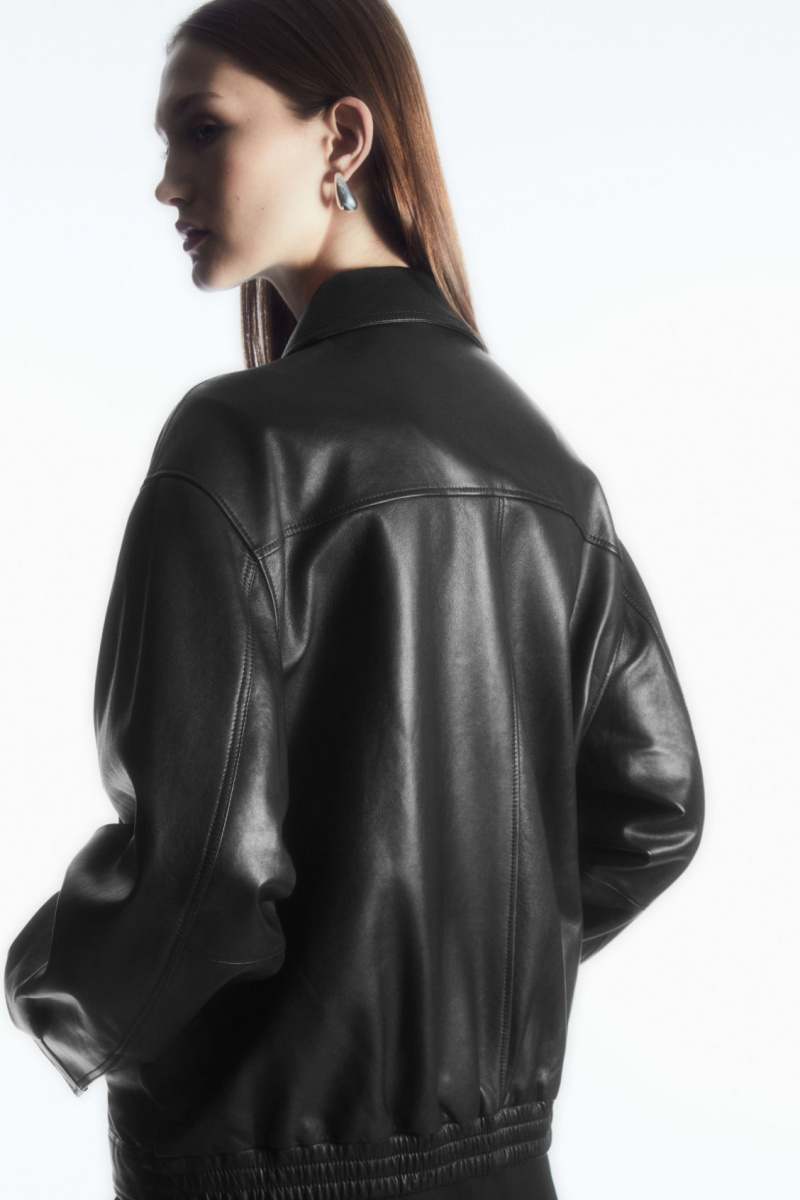 Women's COS Zip-Up Leather Jackets Black NZ-73WDUKIGC