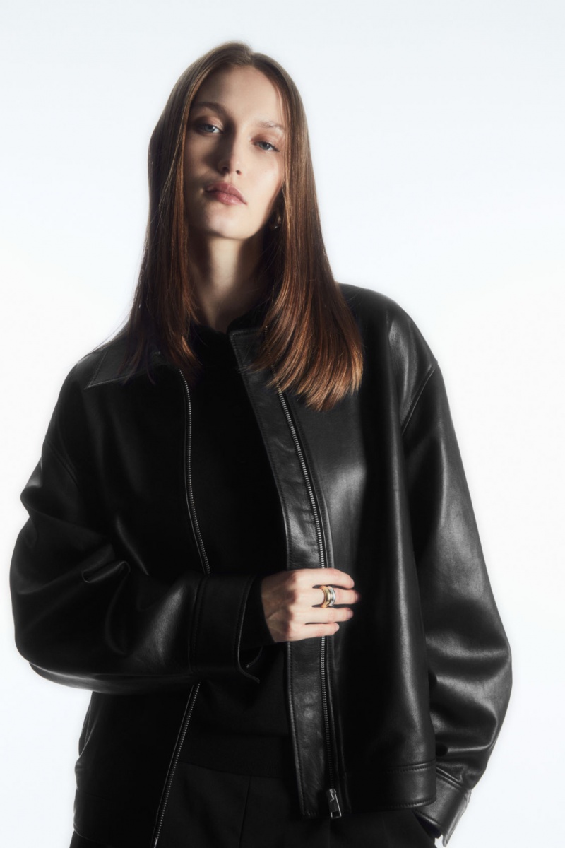 Women's COS Zip-Up Leather Jackets Black NZ-73WDUKIGC