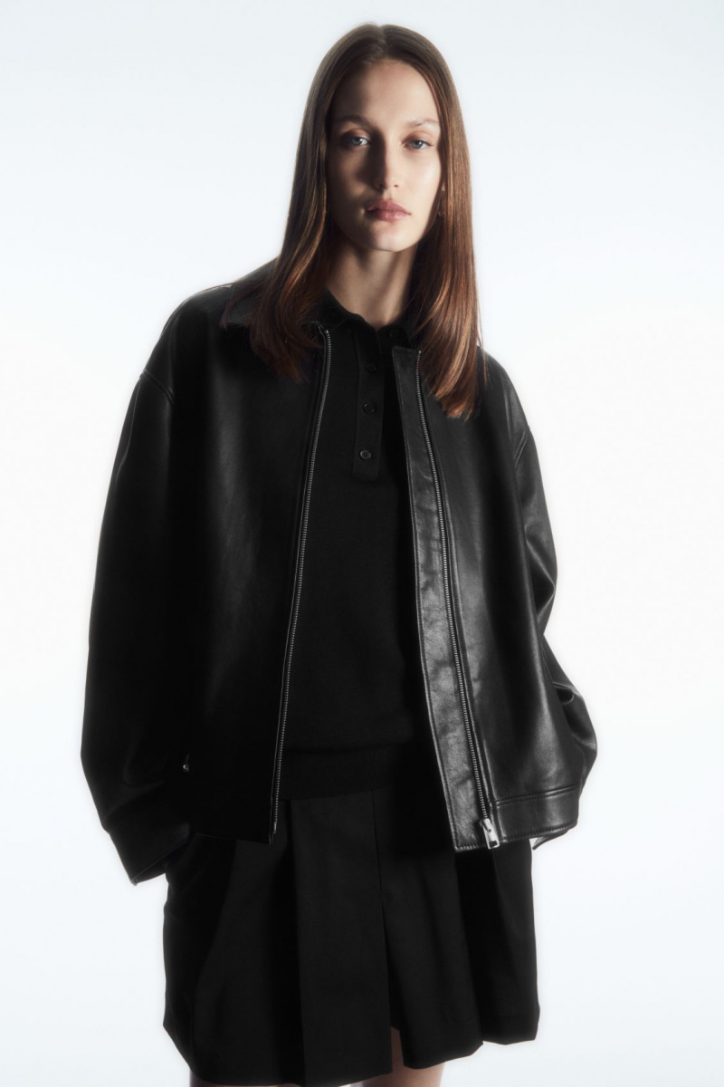 Women's COS Zip-Up Leather Jackets Black NZ-73WDUKIGC