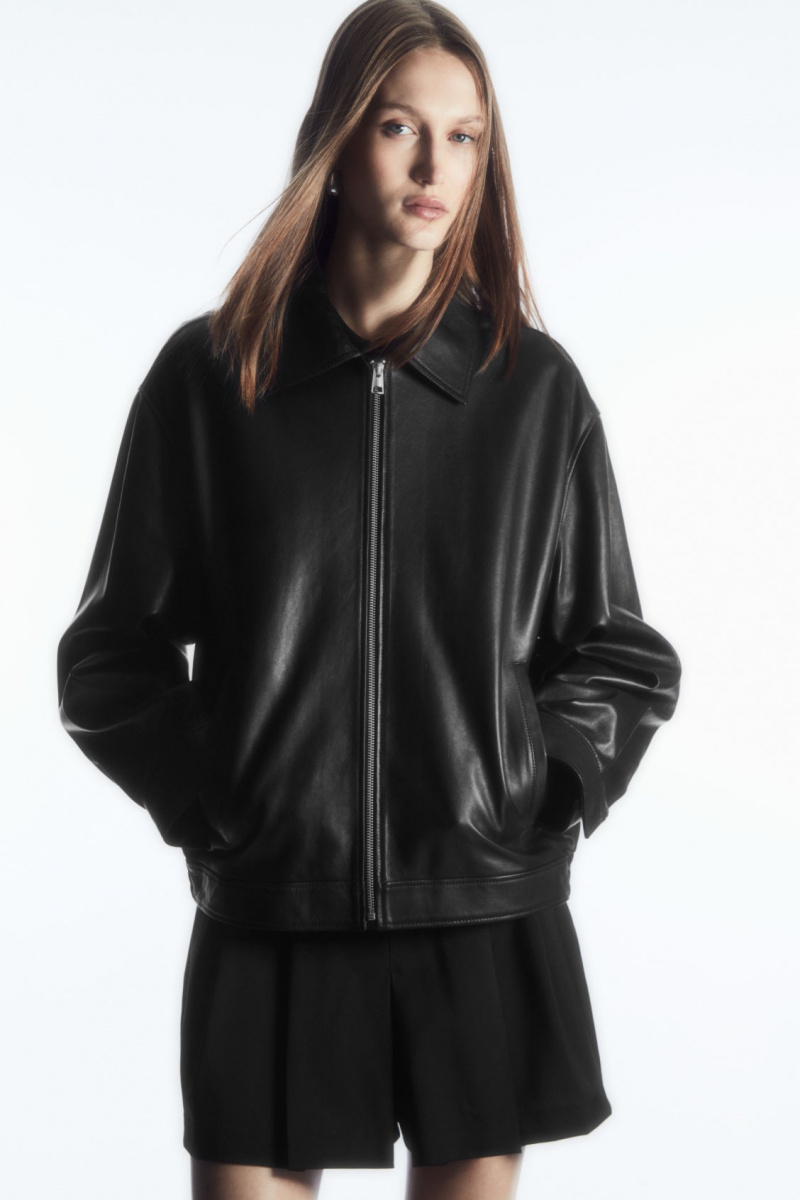 Women's COS Zip-Up Leather Jackets Black NZ-73WDUKIGC