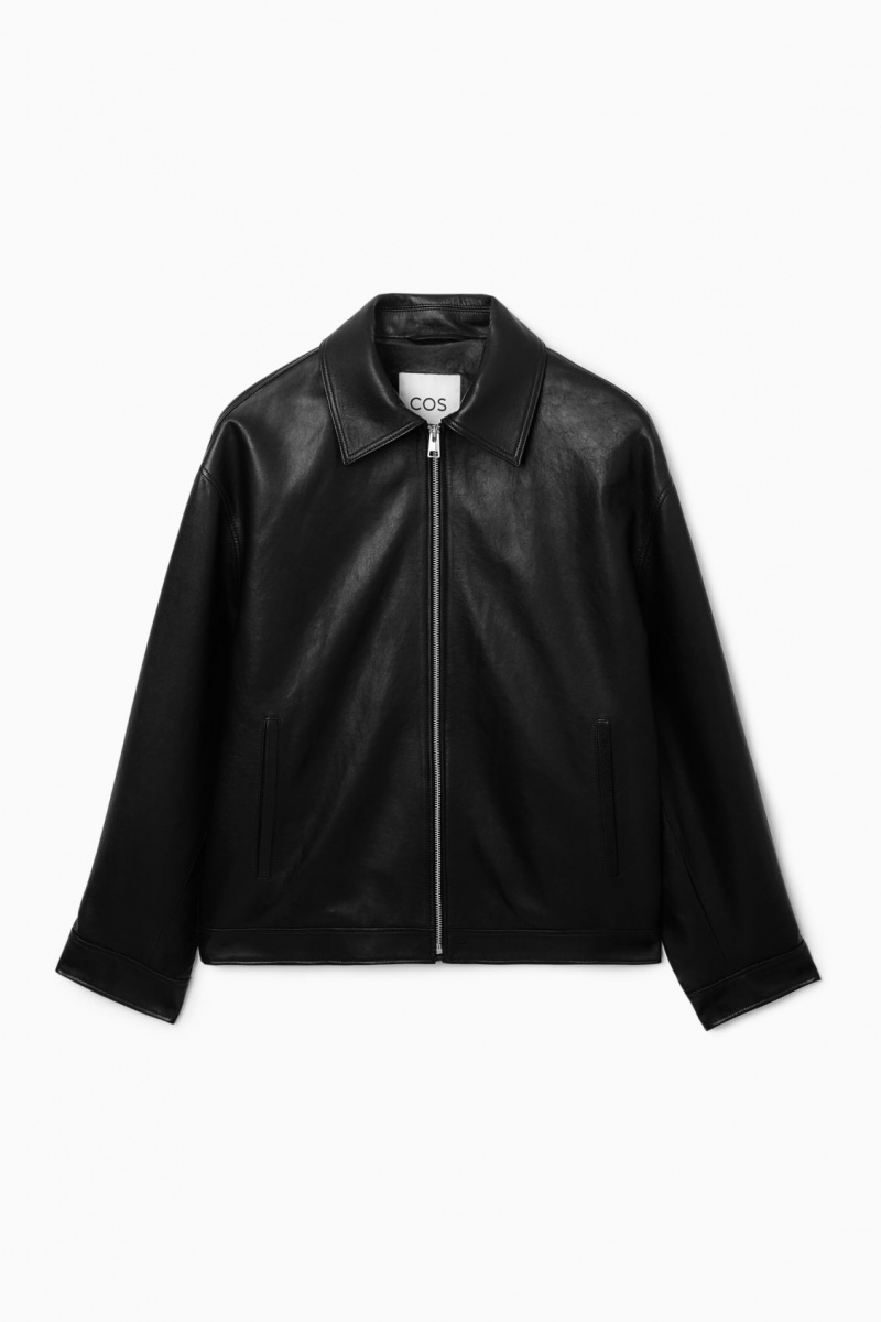 Women's COS Zip-Up Leather Jackets Black NZ-73WDUKIGC