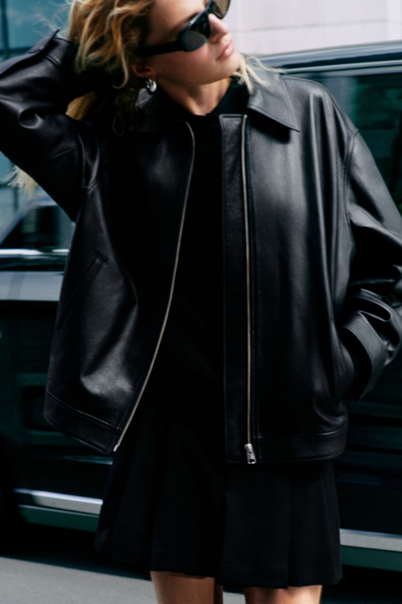 Women's COS Zip-Up Leather Jackets Black NZ-73WDUKIGC